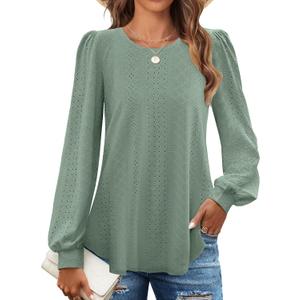 ZESICA Long Sleeve Eyelet Tops for Womens Crew Neck Spring Shirts Casual Loose Blouses 2026 Trendy Clothes (Small, Sage)