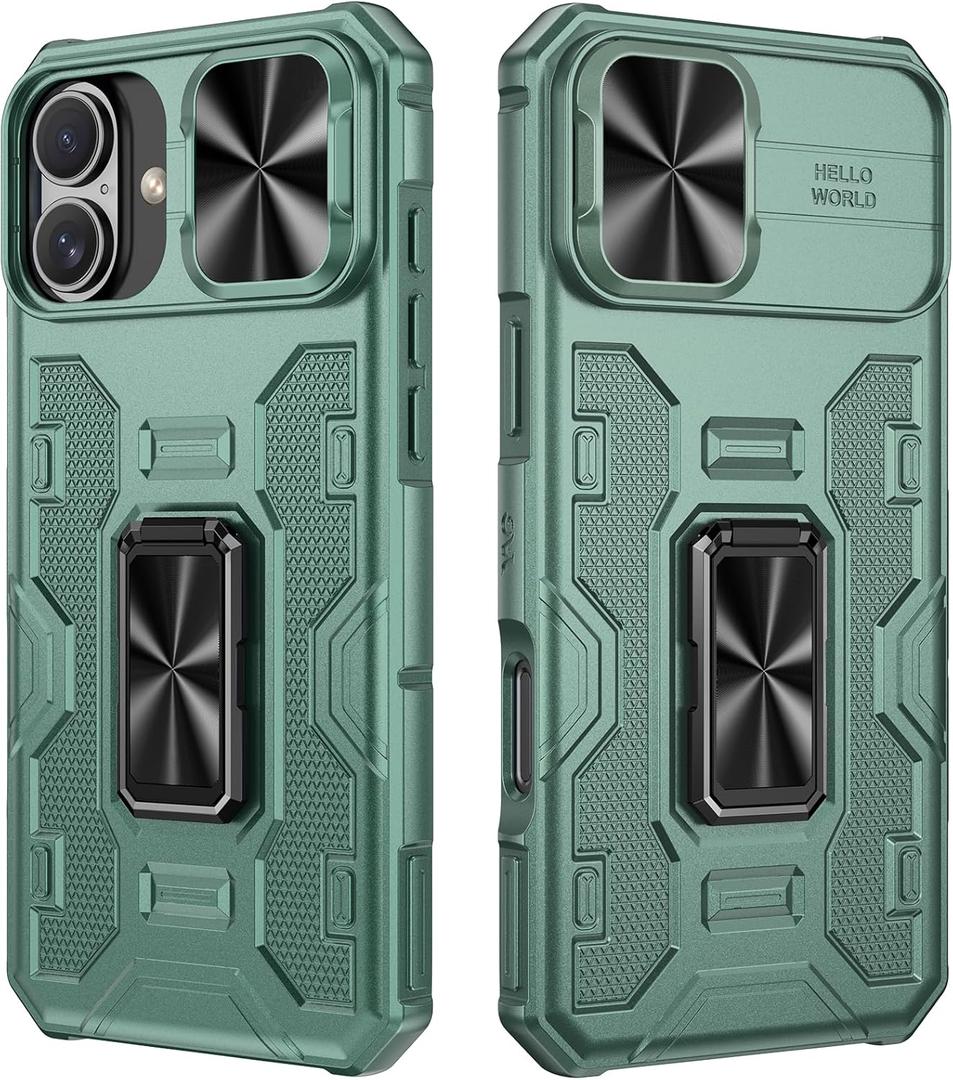 VEGO for iPhone 16 Plus Case with Slide Camera Cover, with Built-in 360 Rotate Ring Kickstand Fit for Magnetic Car Mount Cover for iPhone 16 Plus 6.7" 2024 - Green