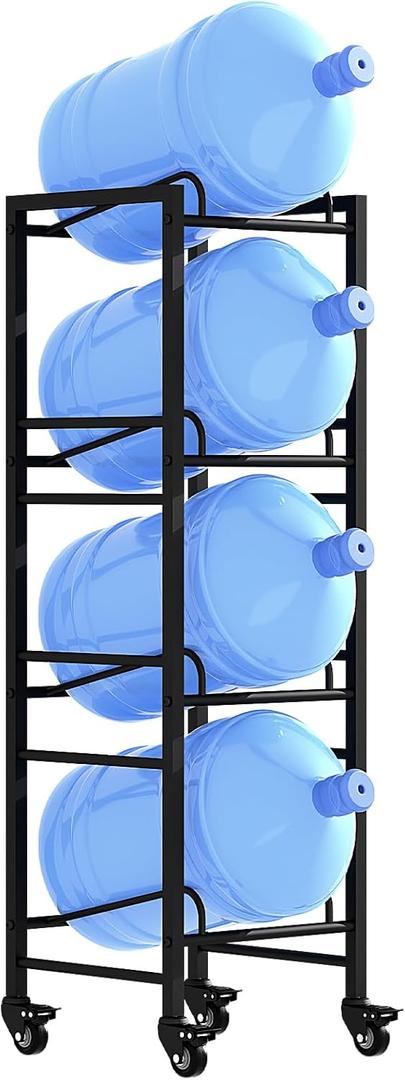 Heavy Duty 4 Tier Water Rack with 4 Wheels - Space Saving Dispenser Stand for 5 Gallon Water Storage Rack Bottle Jugs Holder Organizer with Lockable&Moveable Casters for Kitchen Office Garage/Black