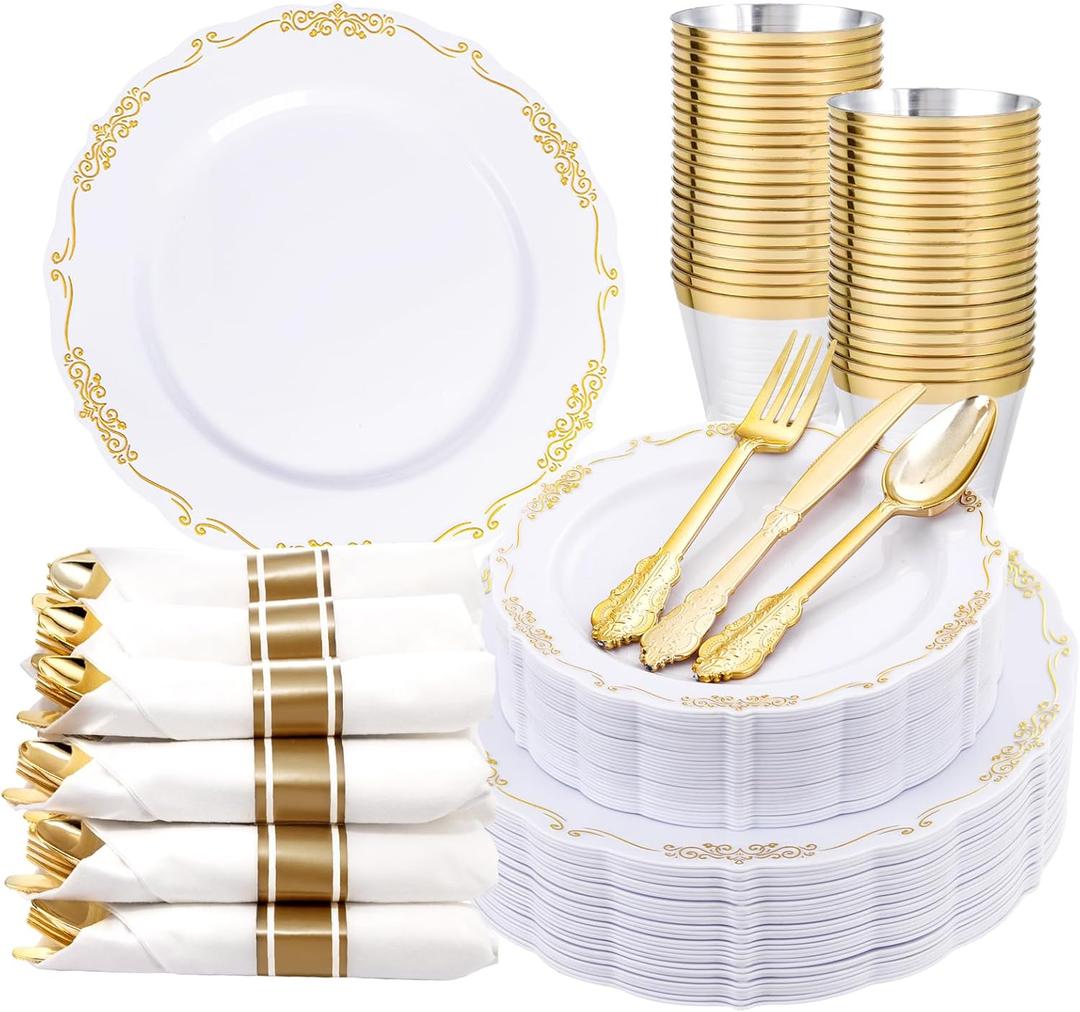 U-QE 175-Piece White Gold Plastic Dinnerware Set - 25 Dinner Plates, 25 Dessert Plates, 25 Rolled Napkins, 25 Cups (9 oz), Gold Cutlery - BPA-Free, Disposable, Ideal for Parties, Weddings, Holidays