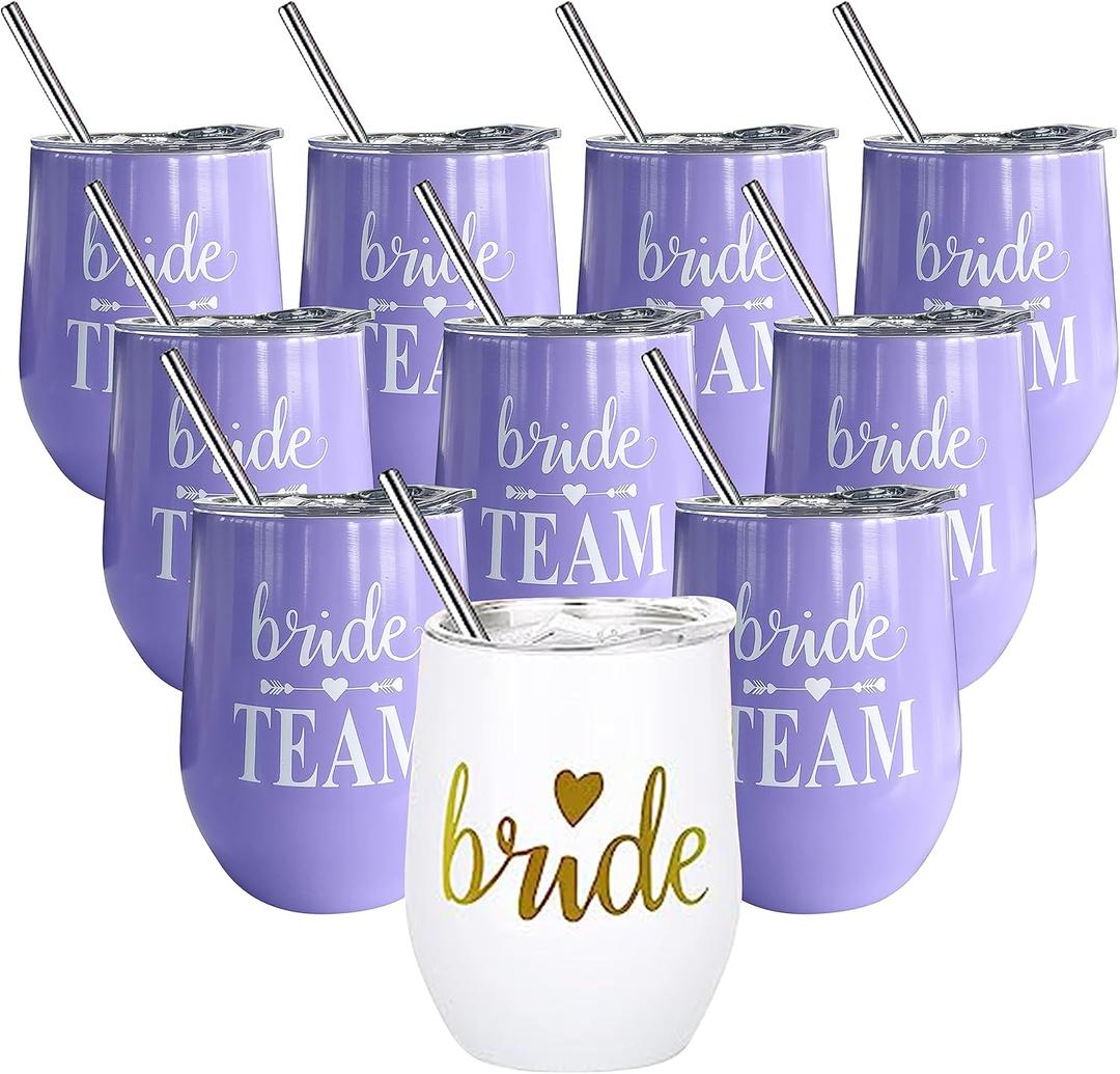 LADY & HOME Bridesmaid Tumblers - 12oz Bride Tribe Stainless Steel Wine Tumblers, Set of 10 Insulated Cups for Bachelorette Party, Engagement, Bridal Shower (Lavender)