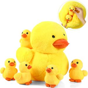 Kasyat 6 Pcs Yellow Duck Stuffed Animal Play Set, Mother with 5 Little Duck Plush, Stuffed Animals Plushie Soft Huggable Plush with Zipper Pouch Toy for Kids Nursery Birthday Gift Party Decor