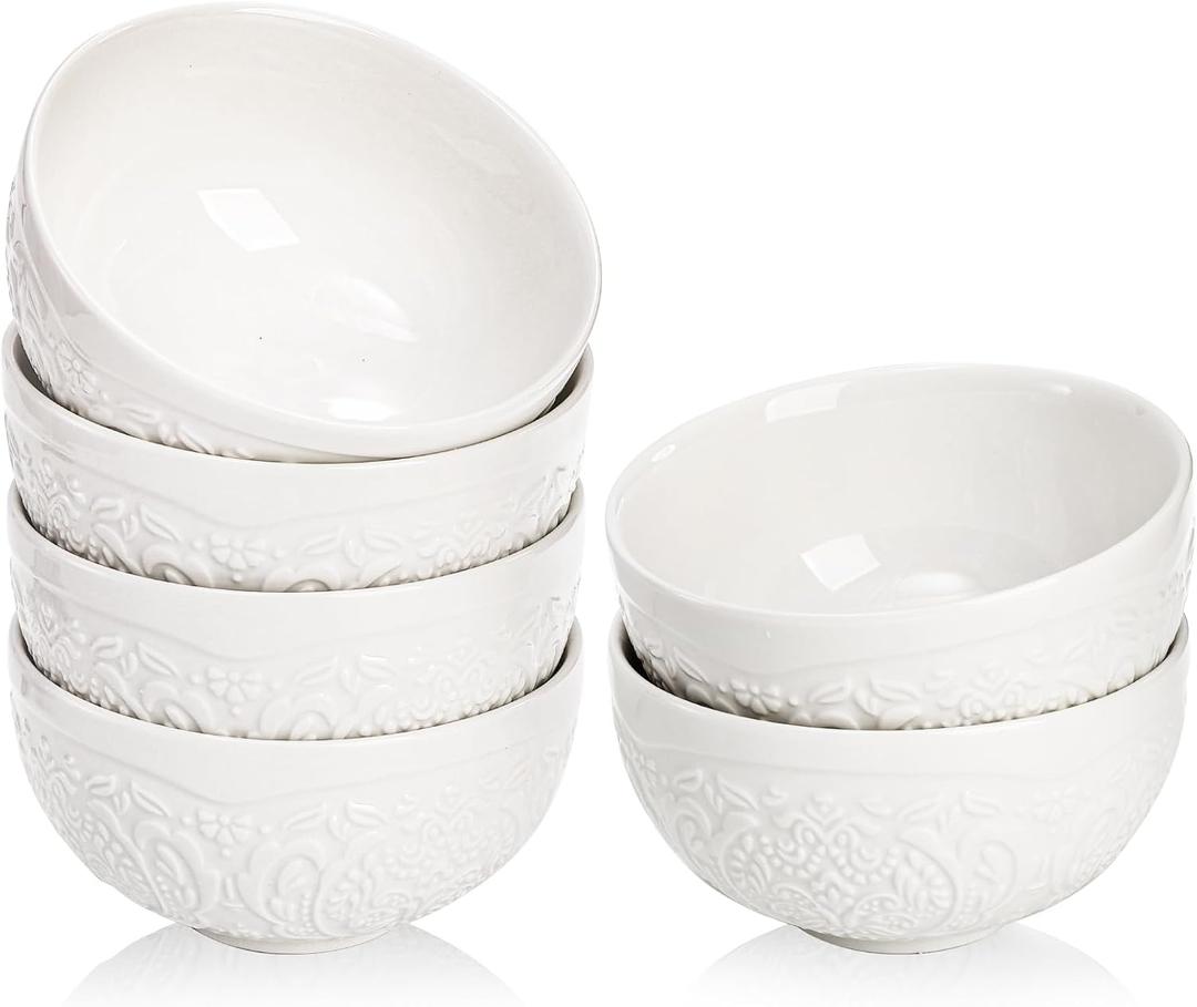 SOUJOY 12 OZ Small Ceramic Bowls, Set of 6 White Cereal Bowls, Embossment 4.5 Inch Dessert Ice Cream Bowl for Side Dishes, Rice, Soup, Snack, Fruits, Yogurt, Portion Control, Microwave/Dishwasher Safe