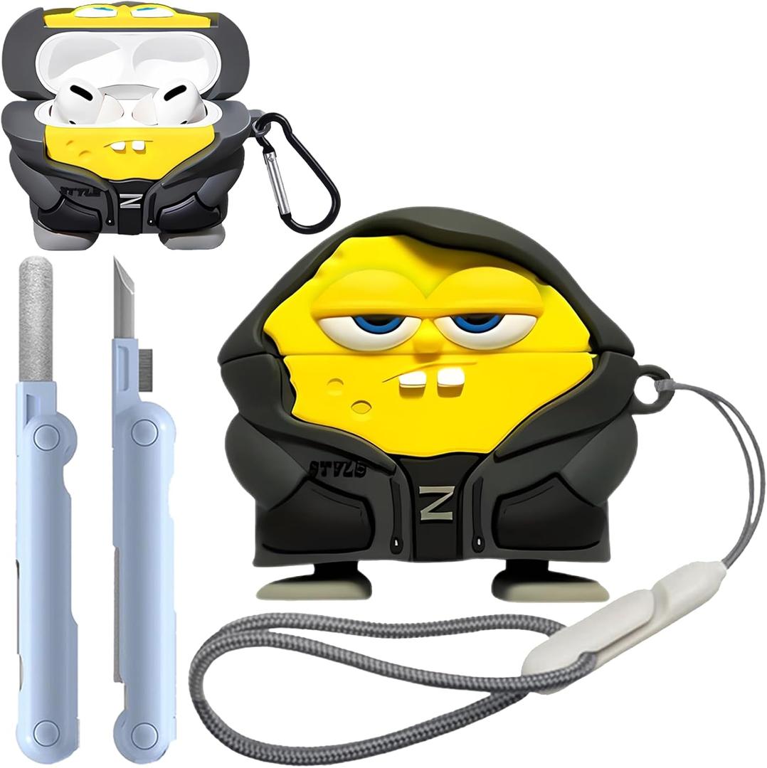 Cute Cartoon 3D Silicone Case AirPods Pro 2nd/1st Generation case with Keychain and Lanyard Cleaner kit Characters Design for Kids Boys Girls (Yellow)