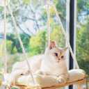 Cat Window Perch - Hammock Bed for Cats Inside - Solid Wood Seat, 4 Strong Suction Cups, Soft Cushion - Rustic Indoor Pet Shelf