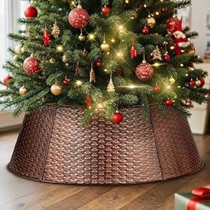 Lanpn Metal Christmas Tree Collar 28 inch, Christmas Tree Ring Collar for Medium Xmas Stand Cover Real Artificial Trees Indoor Outdoor Decoration (Copper, Horizontal Weave)