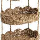 AceOrbit 3 Tier Floor Stand Scalloped Basket Stand 3 Tier Oval Seagrass Scalloped Storage Basket Floor Rack with Market Baskets Hand Woven Laundry Rack for Bathroom Kitchen Laundry Living Room Storage