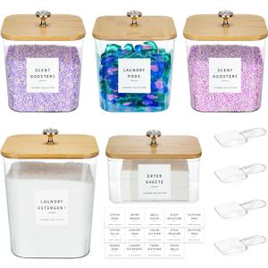 POLRAI 5 Pack Laundry Pod Containers and Dryer Sheet Holder, Laundry Room Organization Storage Containers with Lids and Labels for Detergent Pods Dry Sheet Organizing (3+1+1 Pack, Natural)