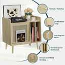 Semiocthome Record Player Stand with Vinyl Storage, Record Player Table with Rattan Cabinet Door, Vinyl Record Holder with Display Area, Side Table with Solid Wood Legs for Turntables for Living Room