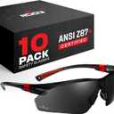 NoCry Work and Sports Safety Sunglasses with Green Tinted Scratch Resistant Wrap-Around Lenses and No-Slip Grips, UV 400 Protection. Adjustable, Black & Red Frames (10 pack)