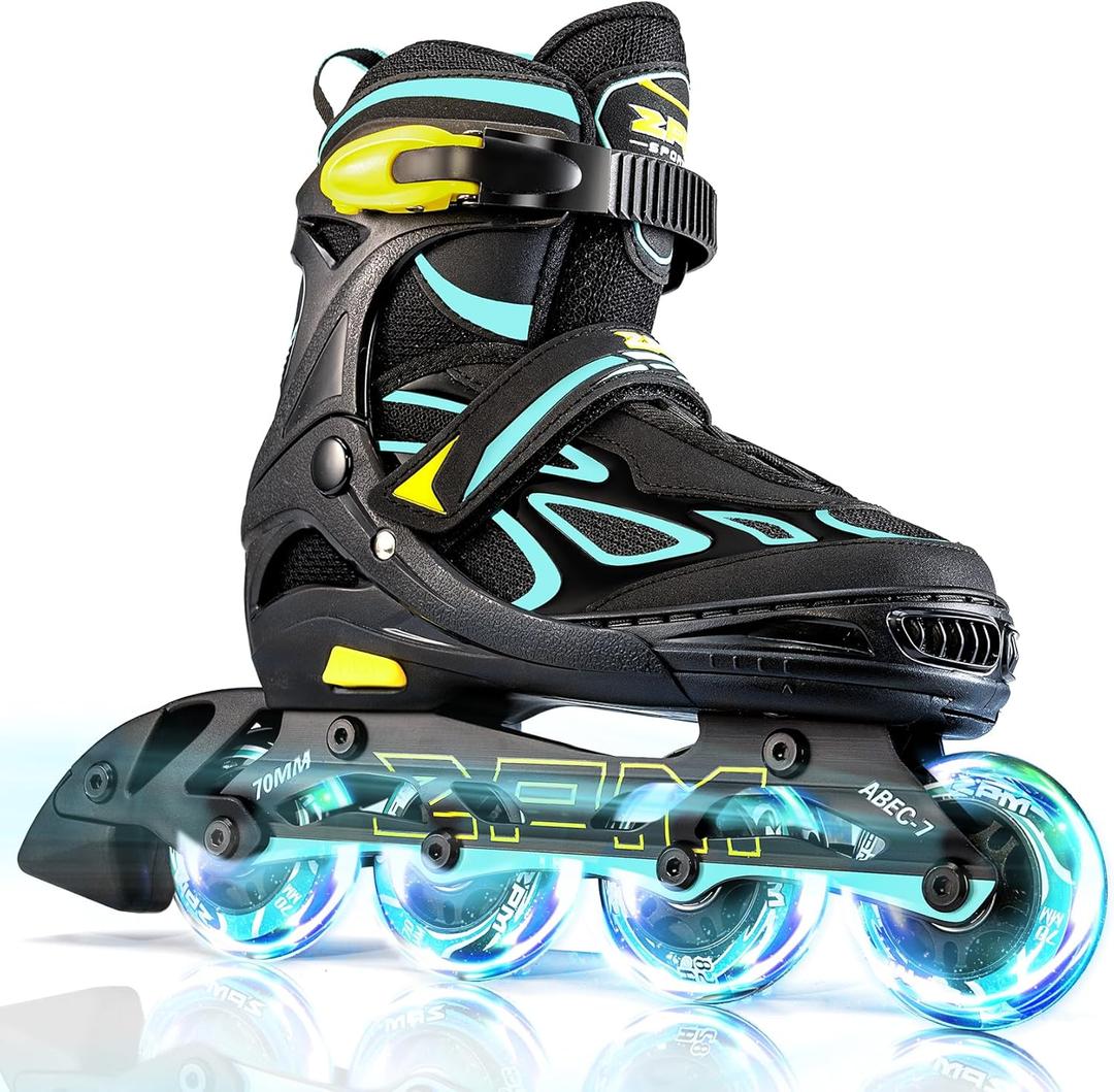 2PM SPORTS Vinal Girls Adjustable Flashing Inline Skates, All Wheels Light Up, Fun Illuminating Skates for Kids Men Adult Women and Boys (Medium - Big Kid (1-4 US), Cyan & Yellow)