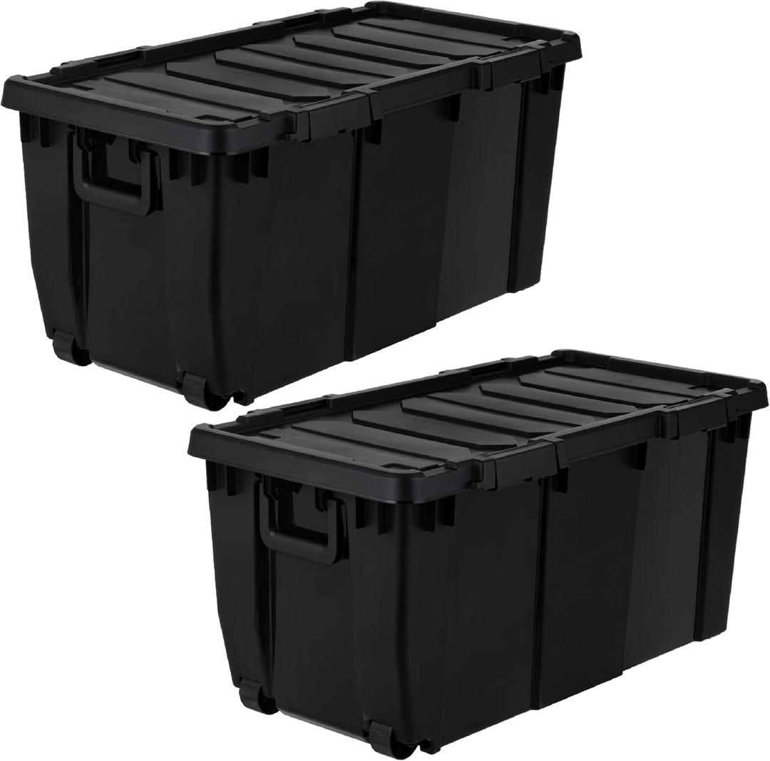 IRIS USA 2-Pack 32 Gal Heavy Duty Rolling Storage Totes with lids, Black | Integrated wheels make transporting heavy loads easier, Great for garages, workshops, camping gear and large equipment