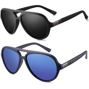 2 Pack Aviator Sunglasses For Men Polarized Lens Plastic Lightweight Double Bridge Frame UV Protection For Driving Matte Black Frame/Smoke Lens+Blue Frame/Blue Revo Lens