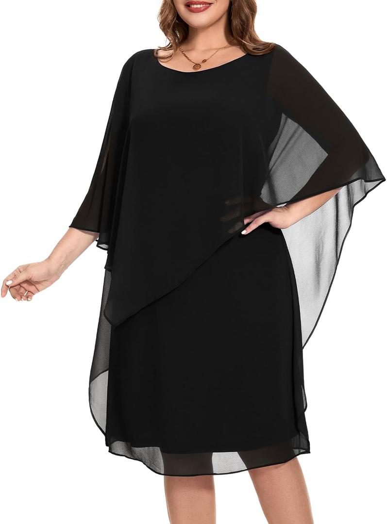 Fynadressr Women Plus Size Cape Dress with Chiffon Overlay Formal Cocktail Party Wedding Guest Dress Black 20Plus