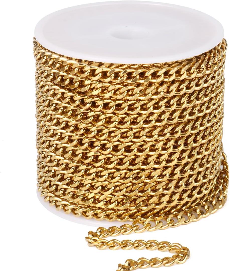 33FT Gold Stainless Steel Cuban Chain Roll 3MM 18K Gold PVD Plated Diamond-Cut Curb Link Chains Spool Bulk for Jewelry Making