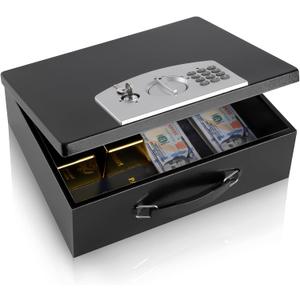 Dalmbox Portable Metal Safe Box with Digital Code Lock,Fire Resistant Storage for Documents, Fireproof Safe Box, Car, Home, Office and Outside, Black Box,Large