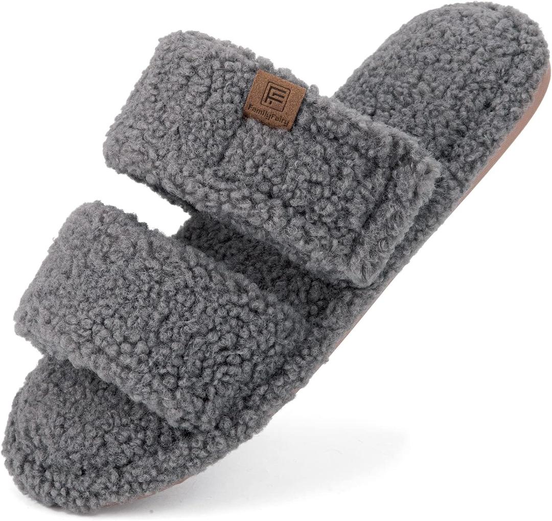 FamilyFairy Open Toe Slippers for Women Adjustable Memory Foam House Shoes Faux Fur Fuzzy Slide Sandals Non Slip Washable (7-8, Grey) FamilyFairy Open Toe Slippers for Women Adjustable Memory Foam House Shoes Faux Fur Fuzzy Slide Sandals Non Slip Washable (7-8, Grey)