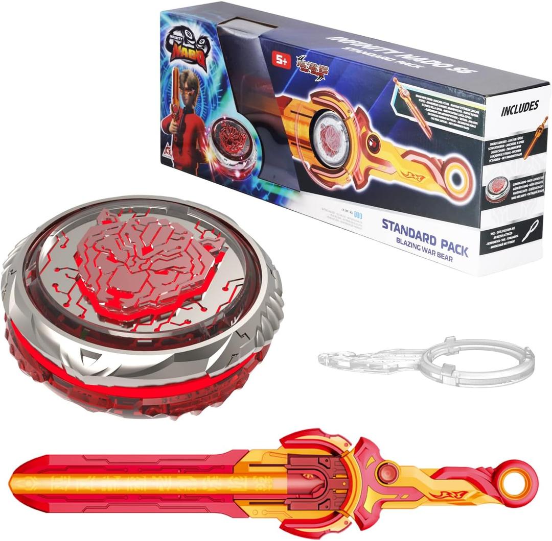 Infinity Nado Battling Toys, Battle Set for 8-12 with Spinning Top & Sword Launcher, Metal Brust Gyro for Boys and Girls Age 5+, Blazing War Bear, Flame Red