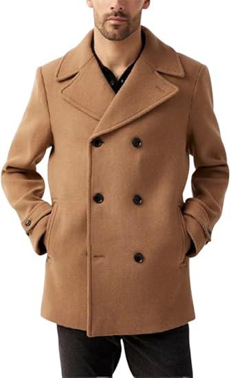 Men's Business Wool Blend Urban Warm Soft Premium Brown Double Breasted Notch Collar Casual Coat