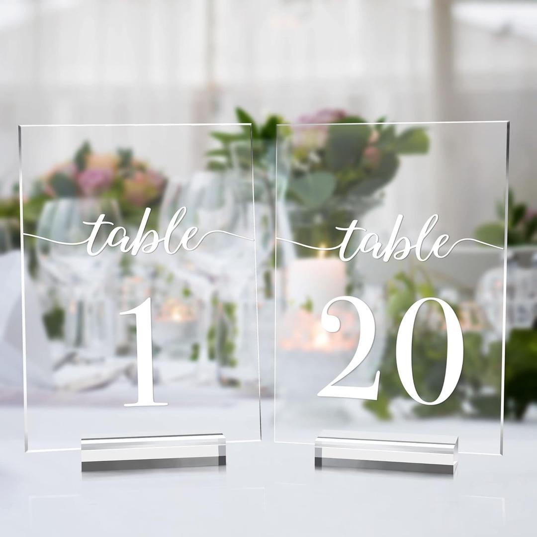 JINMURY Clear Wedding Table Numbers 1-20 with Stands- 5x7 Inch Clear Acrylic Sign Printed White Calligraphy Font, Acrylic Table Numbers with Holder for Wedding Party Reception