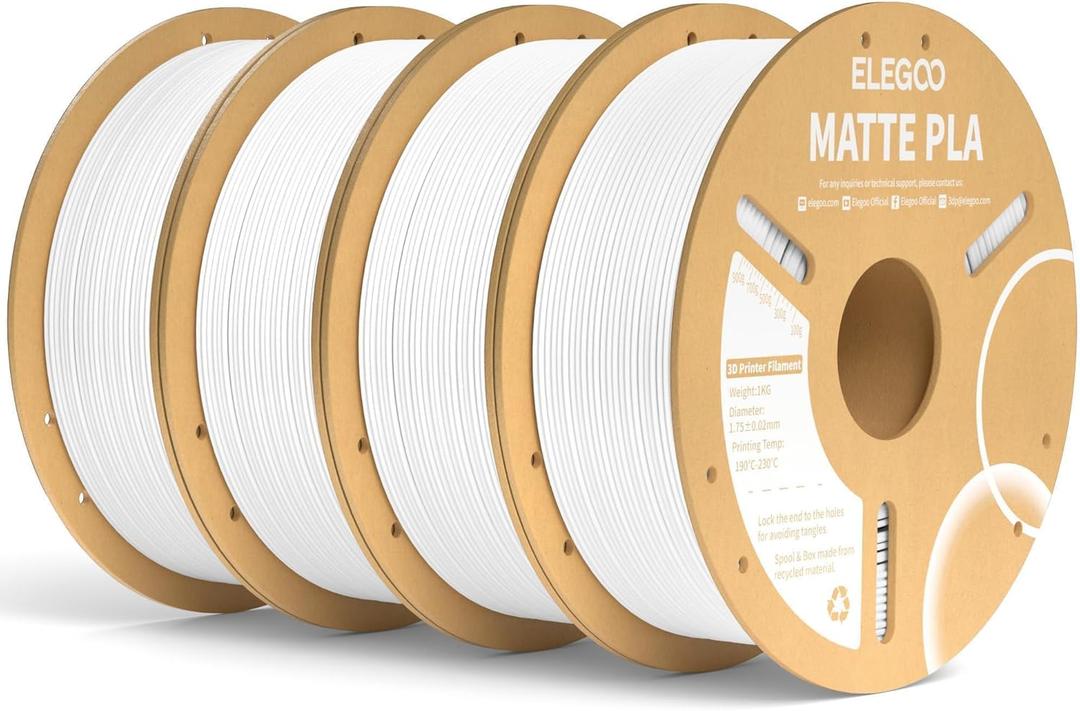 ELEGOO Matte PLA Filament Matte White 4KG, 1.75mm 3D Printer Filament Bundle Dimensional Accuracy +/- 0.02mm, 4pcs 1kg Carboard Spool (2.2lbs) for Most FDM 3D Printers