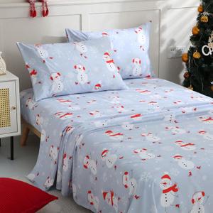 JSD Snowman Kids Sheet Set Full Size, 4 Piece Blue Snowflakes Christmas Printed Microfiber Sheets Deep Pocket