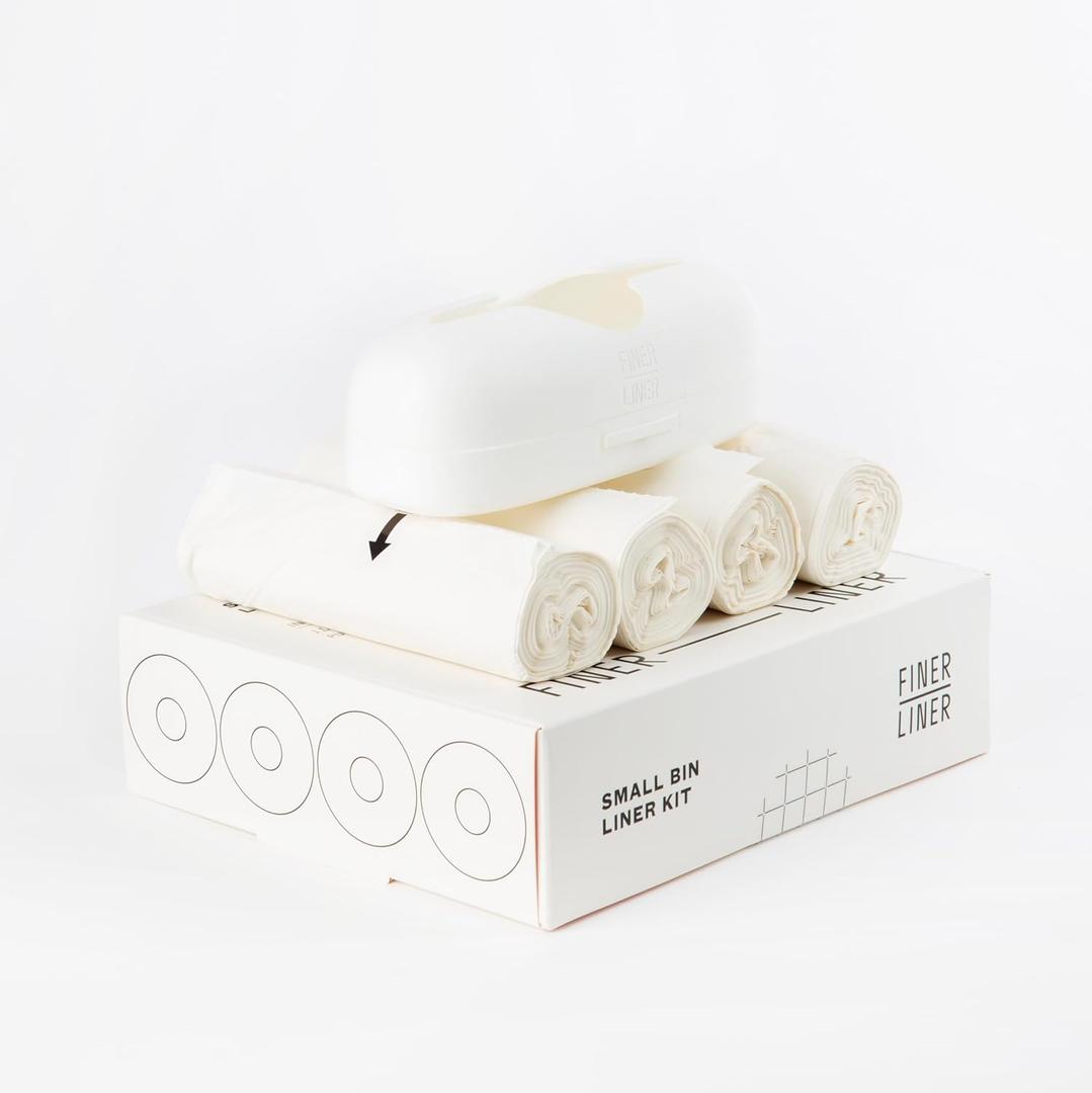 FINER LINER Small Bin Liner Kit, Includes 1 Refillable Dispenser & 4 rolls of unscented trash bag liners (40 count total), Fits up to 3 gallon small trash cans