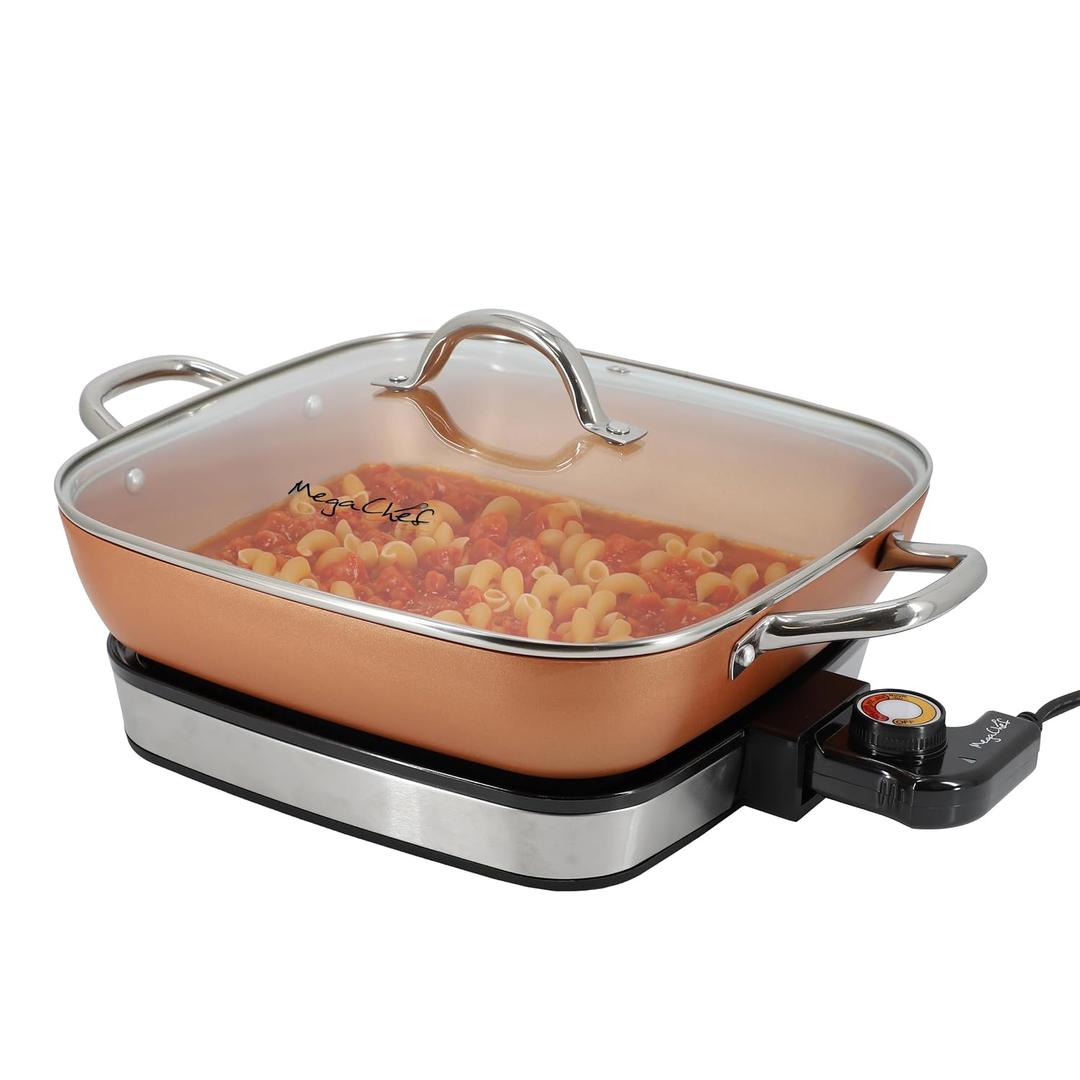 MegaChef Electric Fry Pan with Copper Non-Stick Coating, Tempered Glass Lid & Adjustable Temperature Control, Versatile Small Kitchen Appliance (11.81 Inch Fry Pan)