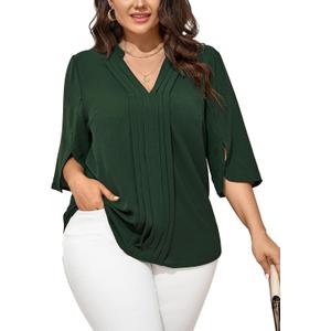 SCOMCHIC Women's Plus Size Blouses 3/4 Sleeve Dressy Tunic Tops Casual Loose V Neck Pleated Shirts (X-Large Plus, Emerald Green)