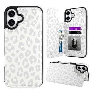 OOK for iPhone 16 Plus Case Wallet with Card Holder, Cute White Leopard Cheetah Pattern for Women Girls RFID Blocking 3 Card Slots Kickstand Flip Folio Leather Protective Shockproof Phone Case