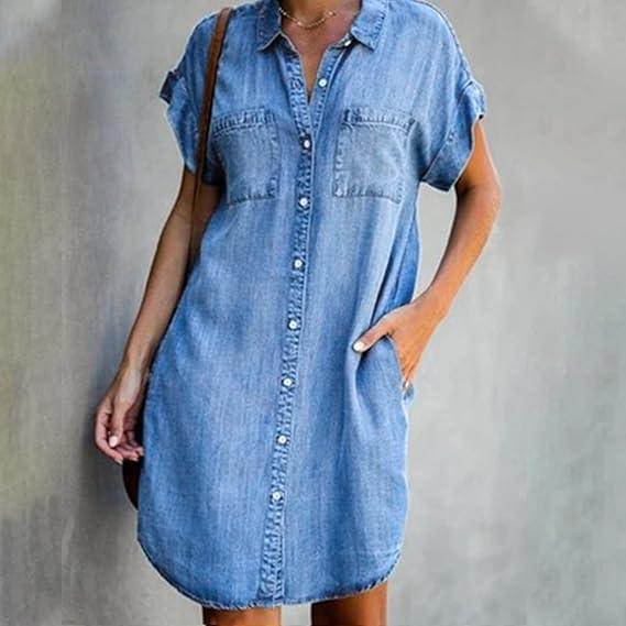 Summer Denim Dress for Women Short Sleeve Button Down Casual Western Jean Dresses (Small, blue)