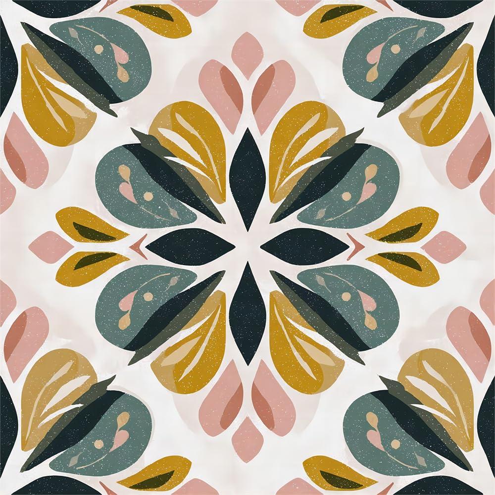 Boho Pink Red Yellow Blue Abstract Flower Art Peel and Stick Vinyl Floor Tiles 10-Pack 12 x 12 inch, Self Adhesive Waterproof Flooring for Kitchen, Dining Room, Bedrooms, Cover 10 Sq. Ft