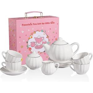 Sweejar Porcelain Toy Tea Sets British Royal Series, Vintage Style Tea Set for Children, Cups & Saucer Service for 4, with Teapot, Sugar Bowl and Cream Pitcher(White)