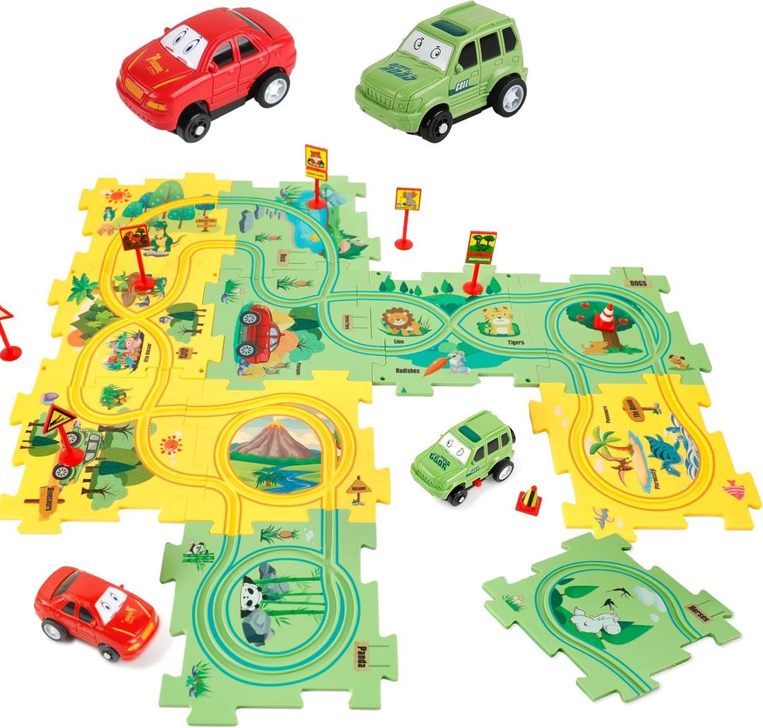 YOOYID Plastic Floor Puzzles for Kids Ages 3-5 with 2 Cute Vehicles, Race Tracks for Kids 3-5, Puzzle Racer Kids Car Track Set, Toys for 3 4 5 6 Year Old Boys Girls, STEM Toys for Kids