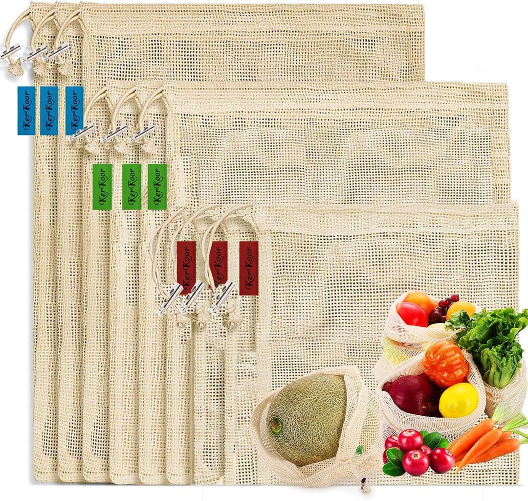 Reusable-Cotton-Mesh-Produce-shopping-Bags-Washable Eco Friendly Premium See Through Lightweight Net zero Bulk Bags for Veggie Fruit Vegetable Grocery Storage (9 Packs)