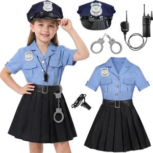 Girls Police Officer Costume Kids Cop Uniform for Girls Cop Cosplay Halloween Costume (5-6 Years, Blue)