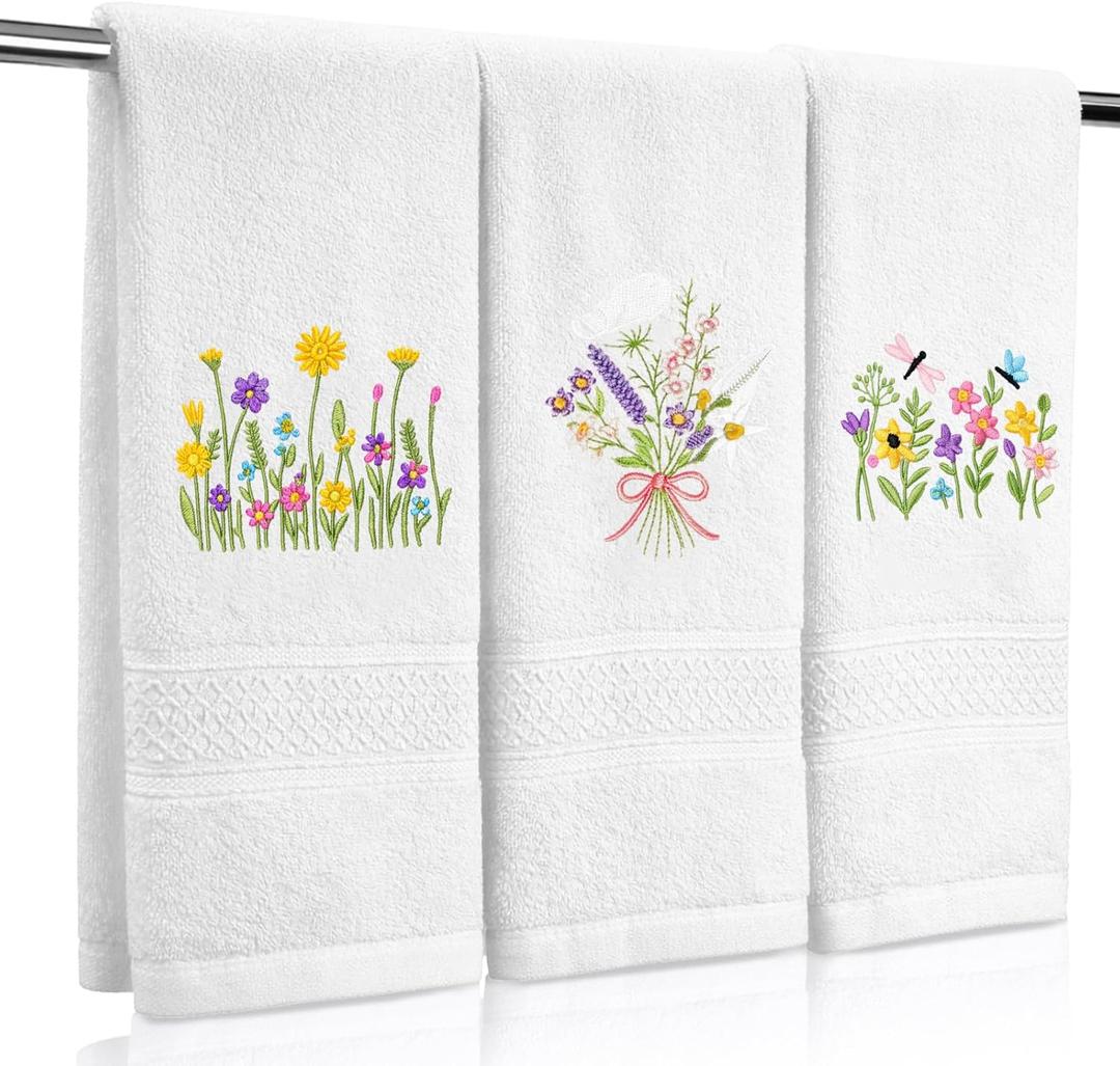 SmoothNovelty 3 Pcs Hand Towels for Bathroom Embroidered Cotton Kitchen Towels 13.3" x 29.5" Decors Gift (White,Spring Flowers)