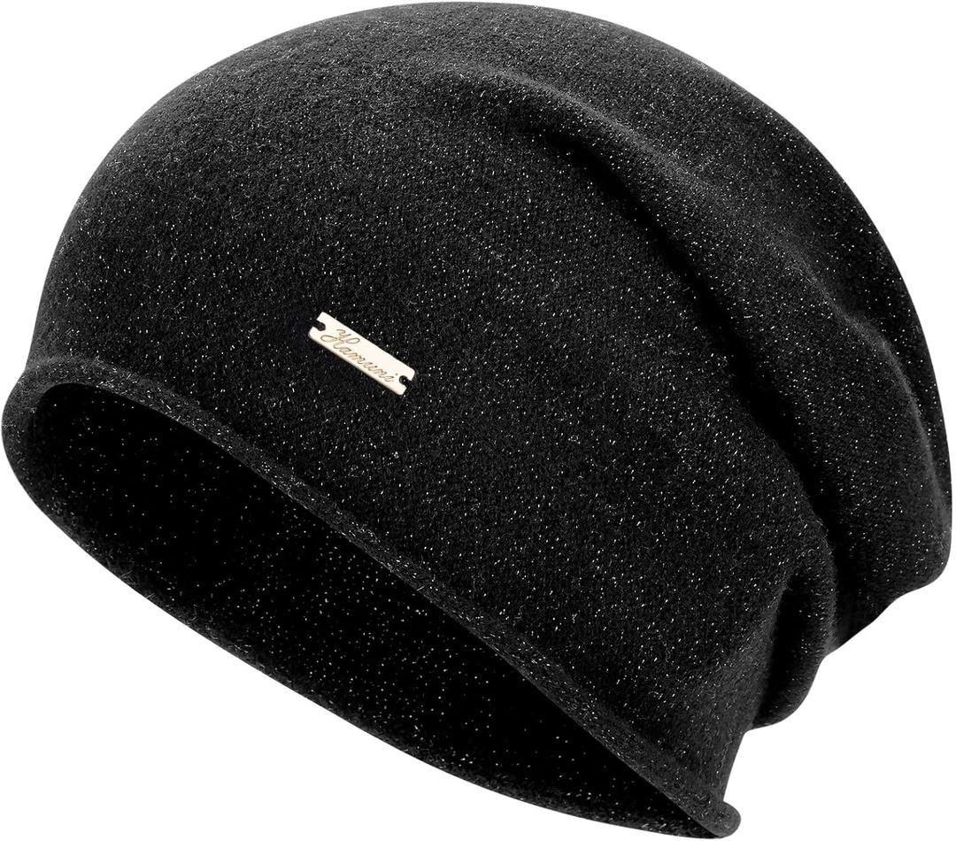 100% Wool Slouchy Beanie, Warm Beanie Hats for Women Breathable Knitting Skull Beanies Cap for Spring Fall Winter (sparkle Black)