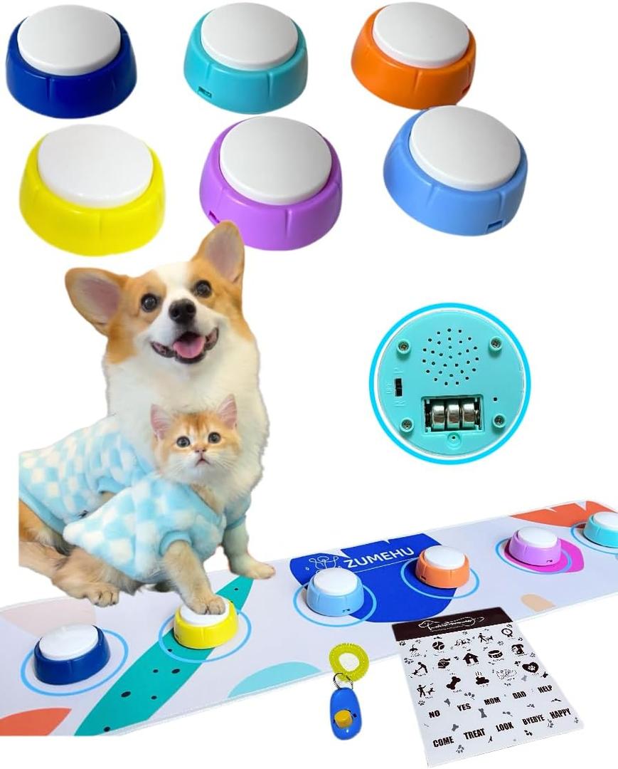 Dog Buttons for Communication Starter Kit - 6 Color Recordable Dog Buttons with Non-Slip Mat & Training Clicker, 0.5lb Easy-Press Talking Buttons for Small Dogs & Cats, Pre-Installed Battery