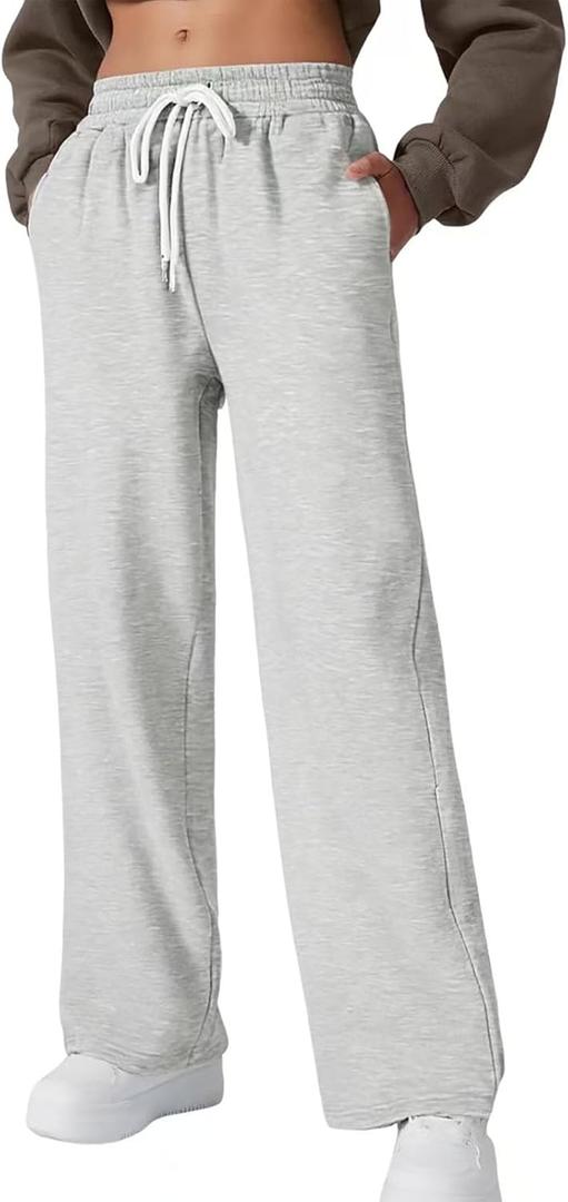 Women's Fleece Lined Sweatpants Winter Drawstring Warm Wide Leg Sweat Pants Baggy Casual Pants with Pockets (Gray, XXL)