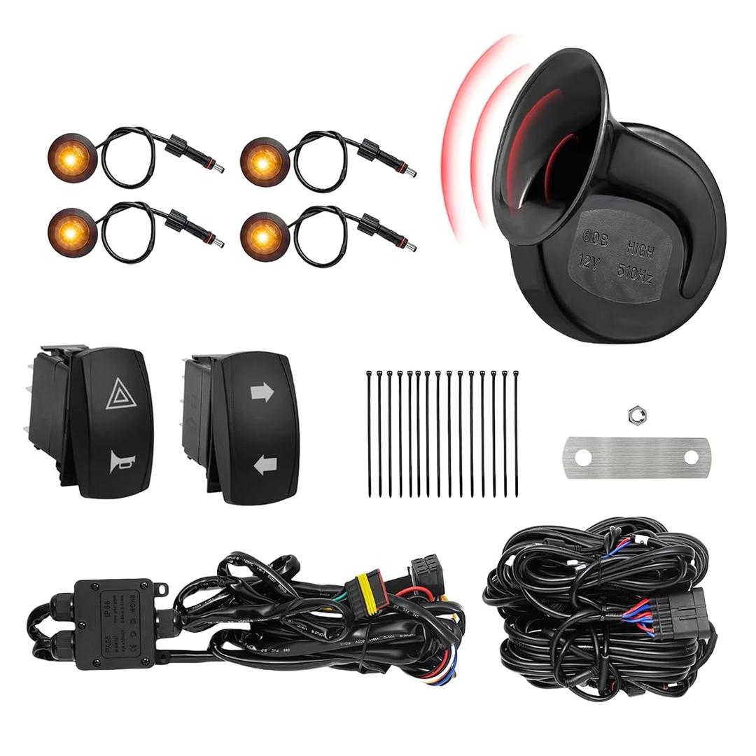 UTV Turn Signal Kit with Horn, Pre-Wired, Plug & Play ATV Turn Signal Street Legal Blinker Kit with Rocker Switch USB Flasher Relay Compatible with Polaris, Can-Am, Kawasaki, CFMOTO (4 Pcs Lights)