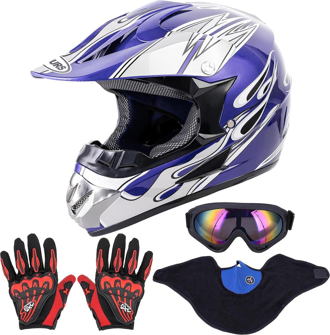  Adult Motocross Dirt Bike Helmet with Goggle, Gloves & Mask - DOT/FMVSS-218 Off-Road Motorcycle & ATV Helmet with Adjustable Sun Visor, Medium, New Blue Flame
