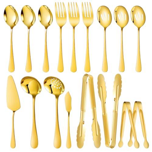 Mwellewm 17Pcs Serving Utensils, Gold Stainless Steel Serving Spoons, Slotted Spoon, Fork, Tongs, Cake Pie Server, Soup Spoon, Metal Buffet Banquet Cutlery Set for Parties Entertaining Catering