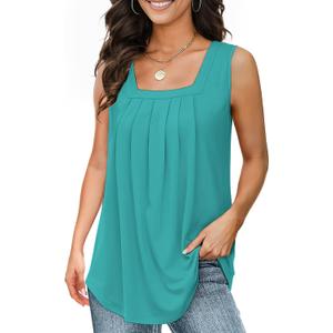 Tank Tops for Women Summer, Loose Fit Pleated Square Neck Sleeveless Tops Flowy Blouse Going Out Tops Basic Shirts (Medium, Blue Green)