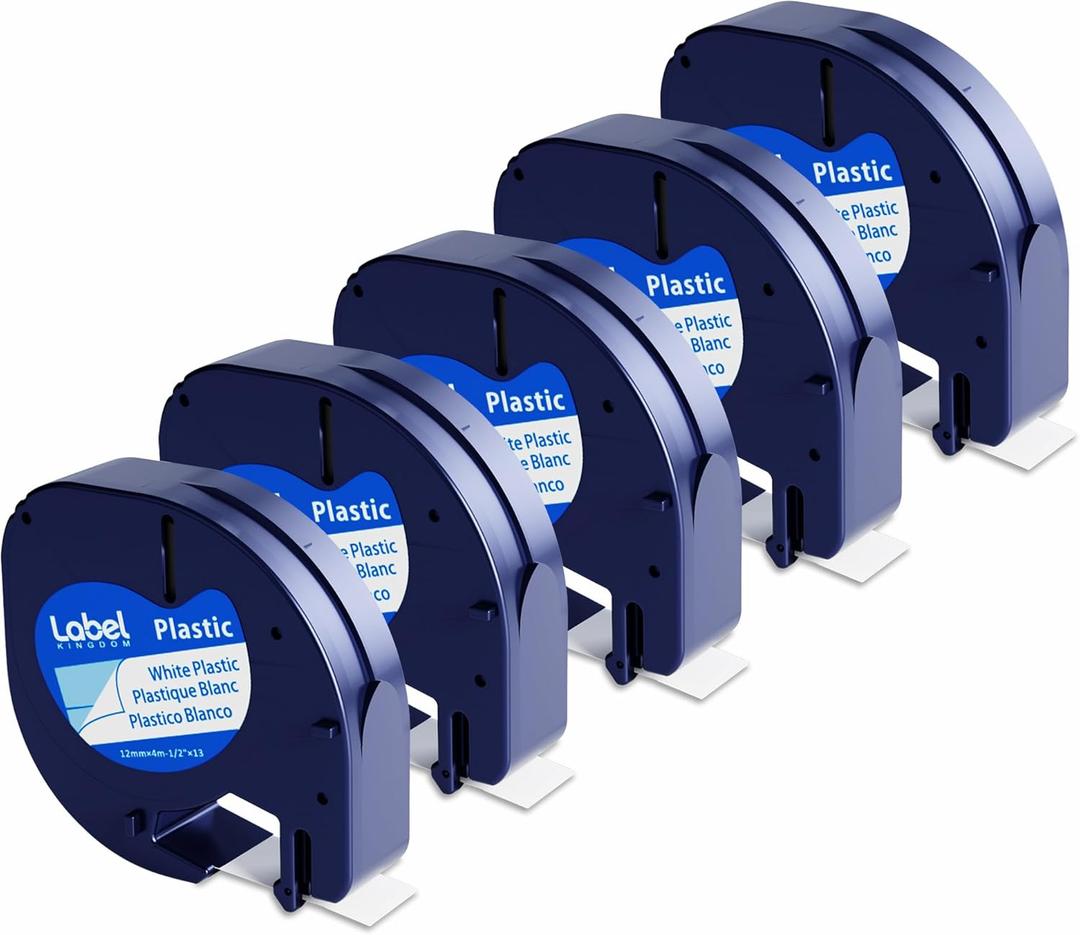Compatible with DYMO LetraTag Label Maker Refill 91331 White Plastic Tape 12mm x 4m (1/2" x 13') for Labeler Letra Tag 200B LT 100H 100T Plus, 5-Pack Label KINGDOM Label (Black on White)