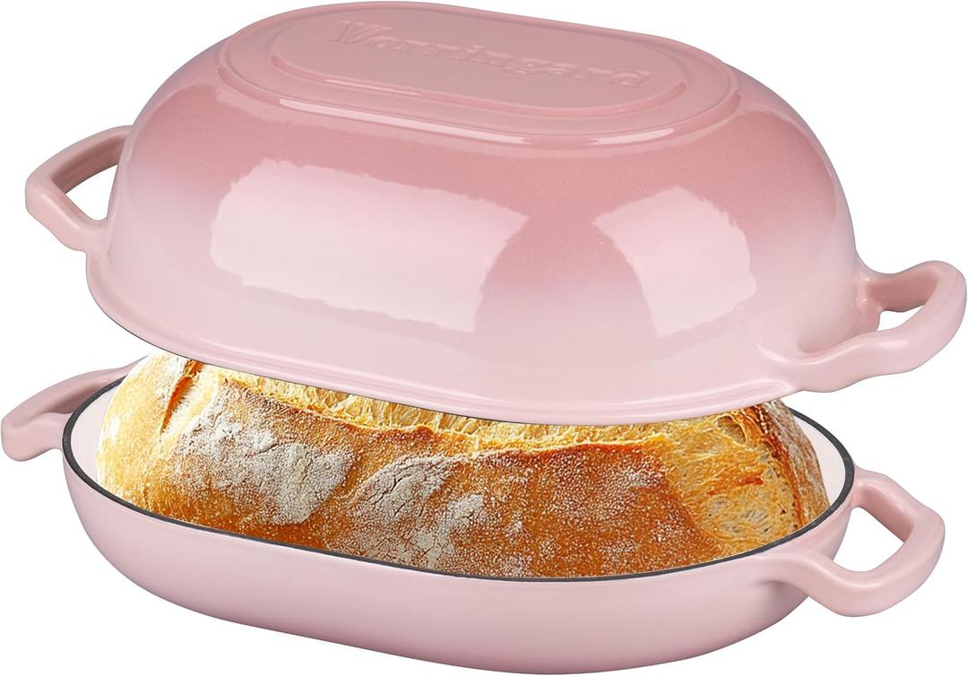VORRINGARD Enameled Cast Iron Sourdough Bread Oven, Dutch Oven, Loaf Cast Iron Bread Pan for Homemade Bread Baking, Meatloaf Pan with Lid, 7QT, Pink