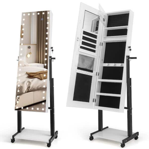 White MDF Jewelry Cabinet Armoire Mirror 3-Color 46 LED Lights, Adjustable Height, Wheels