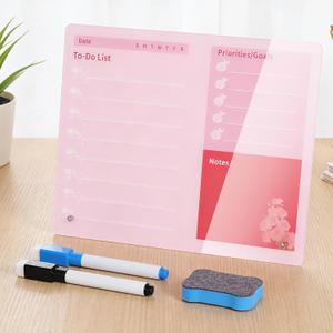 LeMotech Desktop Acrylic Dry Erase Board, 12x10 inches to-Do List Planner, Tabletop Whiteboard with Stand Office Supplies Includes 2 Markers & 1 Eraser, Pink Rose Pattern, 1 Pack