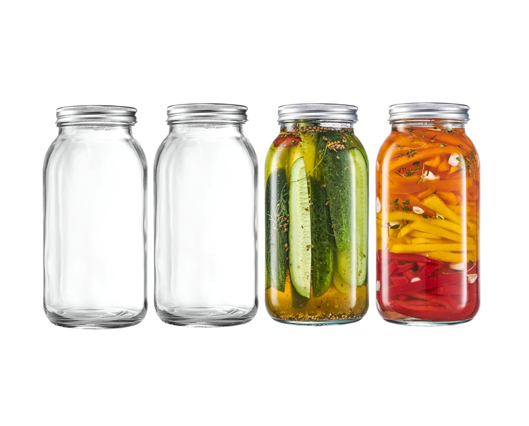 GLING [4 Count 64 oz. Wide-Mouth Glass Mason Jars with Metal Airtight Lids and Bands 2 Quart Large For Preserving, & Meal Prep