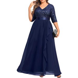 Talisea Plus Size Formal Dresses - V Neck 3/4 Sleeves Sequin Evening Gowns Prom Gala Wedding Guest Chiffon Long Maxi Dress